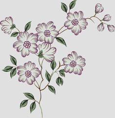 a drawing of flowers with green leaves on a gray background