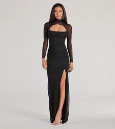 Dare to exude a chic allure in the Amiri formal mermaid dress crafted with airy sheer mesh fabric and a partial knit lining for coverage. It features a sheer bodice with a mock neckline and long fitted sleeves, a sultry bust cutout and open back, and a floor-length mermaid silhouette accented with a high front slit. Black Dress Mesh Sleeves, Mermaid Dress Black, Damas Dresses, Dress Satin Bridesmaid, Backless Dress Short, Gowns Elegant, Red Holiday Dress, Satin Formal Dress