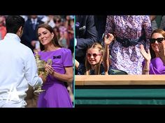 two pictures of people at a tennis match one is holding a trophy and the other has a woman in a purple dress