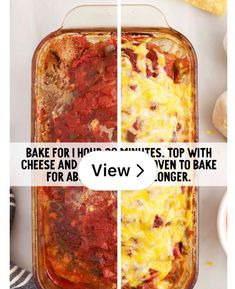 two images showing different types of food in baking pans with the words bake for 1 hour, top with cheese and veggie to bab