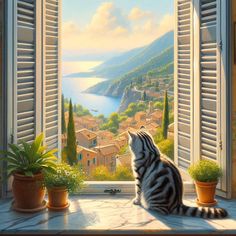 a painting of a cat sitting on a window sill looking out at the ocean