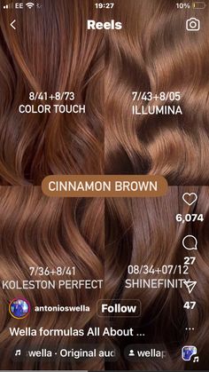 Red Hair Formulas, Igora Hair Color, Cinnamon Brown Hair, Wella Formulas, Copper Brown Hair Color, Brown Hair Color Chart, Cinnamon Hair Colors, Copper Brown Hair