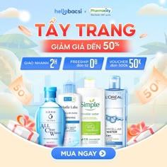 an advertisement for some products with the words, tay trang gian den 50 %