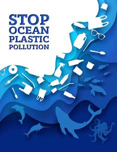 an ocean pollution poster with various plastic items floating in the water