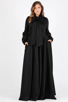 Bow Long Flowy Dress Black Solid Maxi Dress For Workwear, Modest Black A-line Dress, Black Modest Dress For Fall, Modest Black Dress For Fall, Modest Black Maxi Dress For Formal Occasions, Long Flowy Dress, Flowy Dress Long, Mustard Orange, Flowy Dress