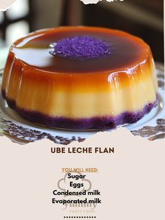 a cake with purple and orange toppings on a white plate next to an advertisement for ice cream