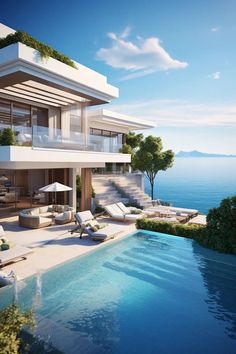 Vila With Pool, Beach Villas Modern, House Overlooking The Sea, Villa On The Beach, Sea House Design, House Next To The Beach, Modern Beach House Architecture, House On Sea, Beach Villa Design