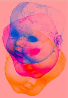 a child's face is covered in multicolored paint on a pink background