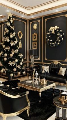 a black and gold living room with a christmas tree in the corner, couches, coffee table and chairs