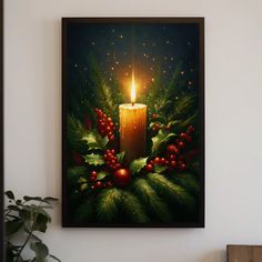 a painting of a lit candle surrounded by holly and red berries on a black background