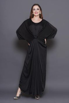 Black draped maxi kaftan crafted in modal satin, organza with sequin-beads embellished patchwork on the waist and pleats detailing. - Aza Fashions Elegant Georgette Maxi Abaya, Elegant Chiffon Kaftan, Elegant Chiffon Kaftan For Wedding, Elegant Kaftan With Cape Sleeves For Party, Elegant Party Kaftan With Cape Sleeves, Elegant Evening Maxi Dress For Eid, Embellished Evening Kaftan With Cape Sleeves, Floor-length Georgette Abaya For Party, Elegant Floor-length Georgette Kaftan