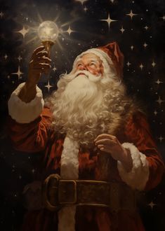 a painting of santa holding a light bulb