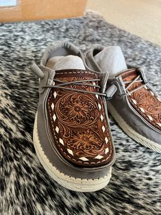 Boot Barn Shoes, Leather Top Hey Dudes, Leather Hey Dudes For Women, Hey Dude Leather Tooled, Wester Shoes, Leather Tooled Shoes, Tooled Hey Dudes, Western Wedding Shoes, Leather Hey Dudes