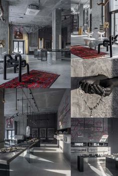 several photographs of different rooms with furniture and rugs