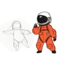 an orange space suit is next to a drawing of an astronaut