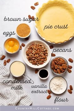 ingredients to make pecans pie laid out on a white table with text overlay