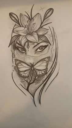 a drawing of a woman's face with flowers and butterflies on her head, in the shape of a heart