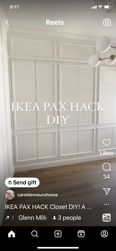 an image of a room with white walls and wood flooring that says ikea pak hack diy