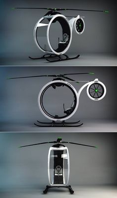 three different views of a helicopter with wheels and spokes on the front, back and side