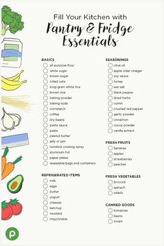 a list of fruits and vegetables with the words fill your kitchen with pantry & fridge essentials