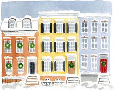 watercolor painting of buildings with wreaths on the windows and snow on the ground