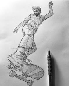 a pencil drawing of a man on a skateboard