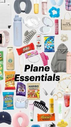 the words plane essentials are surrounded by various items