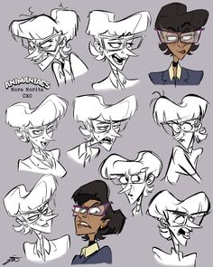 the character sheet for an animated movie with various facial expressions and hair styles, all in black