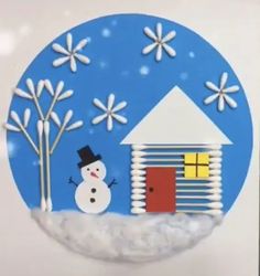 a snowman is standing in front of a house with trees and snowflakes