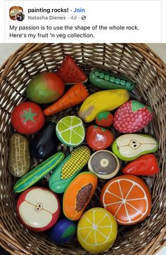 a wicker basket filled with lots of different types of fruit and veggies