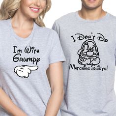 Disney matching family shirts /I don’t do matching shirts/ I’m with Grumpy couple T-shirts/ Disney vacation matching couple shirts featuring 2 different designs. One design is Grumpy with I don’t do matching shirts quote. The other design is I’m with Grumpy and a pointing mouse hand. Each shirt is priced individually and the garments in this listing can be but, do not have to be purchased in multiple quantities. The sampled design as a multiple shirt set is only suggestive. Our premium quality u Disney Couple Tshirts, Family Matching Disney Shirts, Disney World Couple Outfits, Disney Bounding Couples, His And Hers Disney Shirts, Disneyworld 2024, Couples Disney Shirts, Disney Family Outfits, Projet Cricut