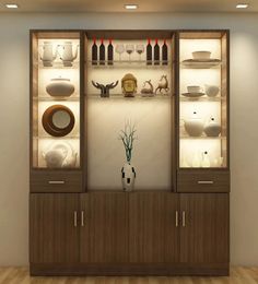 a display case with glass doors and shelves filled with plates, bowls and vases