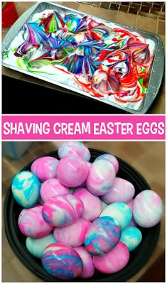 two pictures with different colored easter eggs in them and the words shaving cream easter eggs