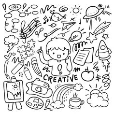 a black and white drawing of various things that are doodled on the wall in front of