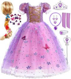 PRICES MAY VARY. DRESS UP AS RAPUNZEL - Our Rapunzel Dress Set comes with a dress (5 sizes) complete with purple sleeves, a Rapunzel wig with tiny flowers, a purple jewelry set (crown, wand, necklace, earrings, ring, bracelet), 12 butterfly pins, a hair net, and a hair clip. Every little girl loves to dress up, especially to dress up as her favorite character. Our sweet-style Rapunzel dress for girls captures the beauty of a little girl and will make your girl relive her favorite movie and anima Rapunzel Wig, Purple Jewelry Set, Rapunzel Princess, Rapunzel Birthday Party, Birthday Clothes, Rapunzel Costume, Rapunzel Dress, Rapunzel Party, Baby Costumes Girl