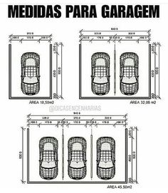 three car garages with the measurements for each one, and two cars in them