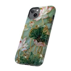 an iphone case with flowers and leaves painted on the back of it's cover