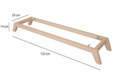 a wooden shelf with measurements for the top and bottom, shown in front of a white background