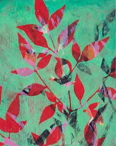 a painting with red leaves on a green background