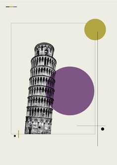 an image of the leaning tower of pisa in purple and yellow with circles around it