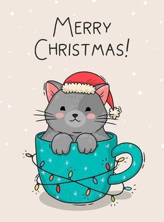 a gray cat in a santa hat is sitting on top of a blue cup with the words merry christmas