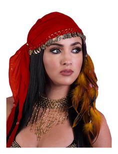 PRICES MAY VARY. Gypsy Headscarf with Attached Coins Includes: One Head Scarf with Attached Coins (Feather NOT included) Gypsy Headscarf with Coins Red Black Gold Silver Let your Gypsy heart roam wearing this headscarf scarf with attached coins. Feather in picture NOT included. Red Head Gifts, 1970 Head Scarf, Pieate Scarf For Head, Tie Pirate Head Scarf, Medival Head Scarf, Arabe Costume Woman, Sherlock Scarf, Belly Dance Accessories, Mermaid Hat