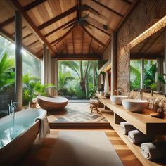 a large bathroom with two sinks and a bathtub in the middle, surrounded by palm trees