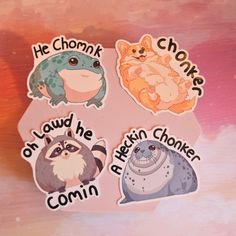 four stickers with different types of animals and words that say, he honk choks on