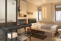 a bedroom with a bed, desk and mirror