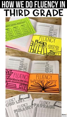 three notebooks with the words flueny pocket freebie written in different colors