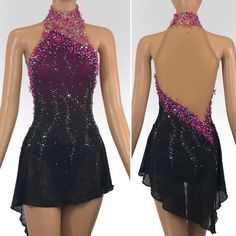 two mannequins wearing black and pink dresses with beading on the neck