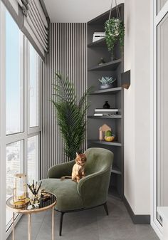 a cat sitting in a green chair next to a table with a potted plant