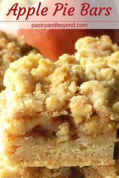 apple pie bars stacked on top of each other with apples in the background and text overlay