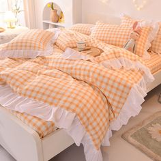 Ihomed Kawaii Rainbow Bedding Set Cotton Twin Full Queen Size Strawberry Flower Hearts Cute Fitted Bed Sheet Pillowcases Duvet Cover Vibrant Bedding, Single Bedding Sets, Orange Duvet Covers, Room Maker, Rainbow Bedding, Kawaii Rainbow, Plaid Bedding, Orange Bedding, Girls Bedding Sets